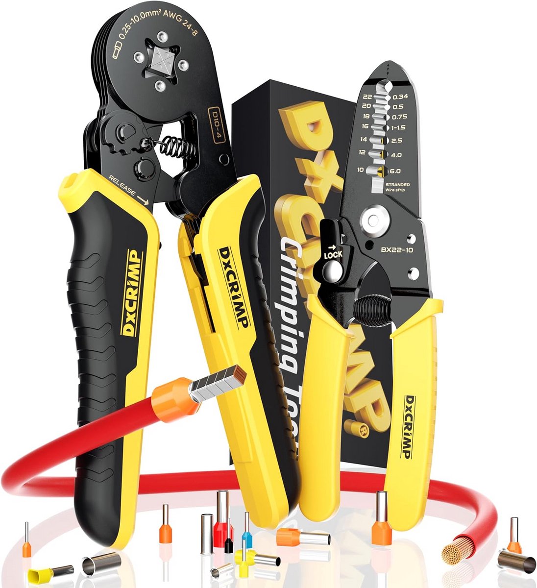 Krimptang Set - Adereindhulzen Tang - Elektrisch Aansluiten - Zelfaanpassend Vierkant Pressen - 0.25-10 mm² - Chroom/Zilver