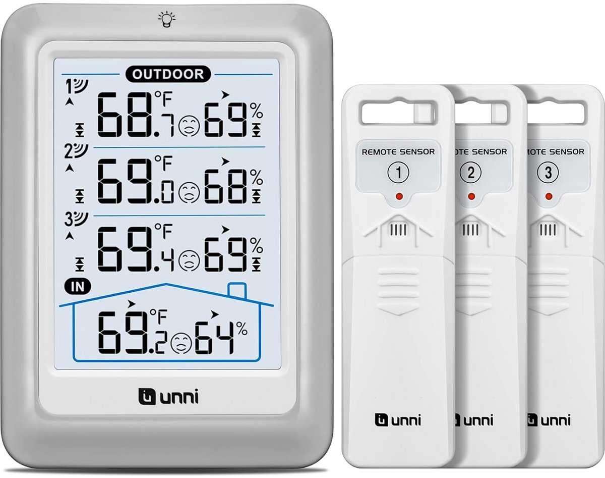 Draadloos weerstation - Buiten thermometer - Weer monitoren - 3 buitensensoren - 100 meter bereik - Wit