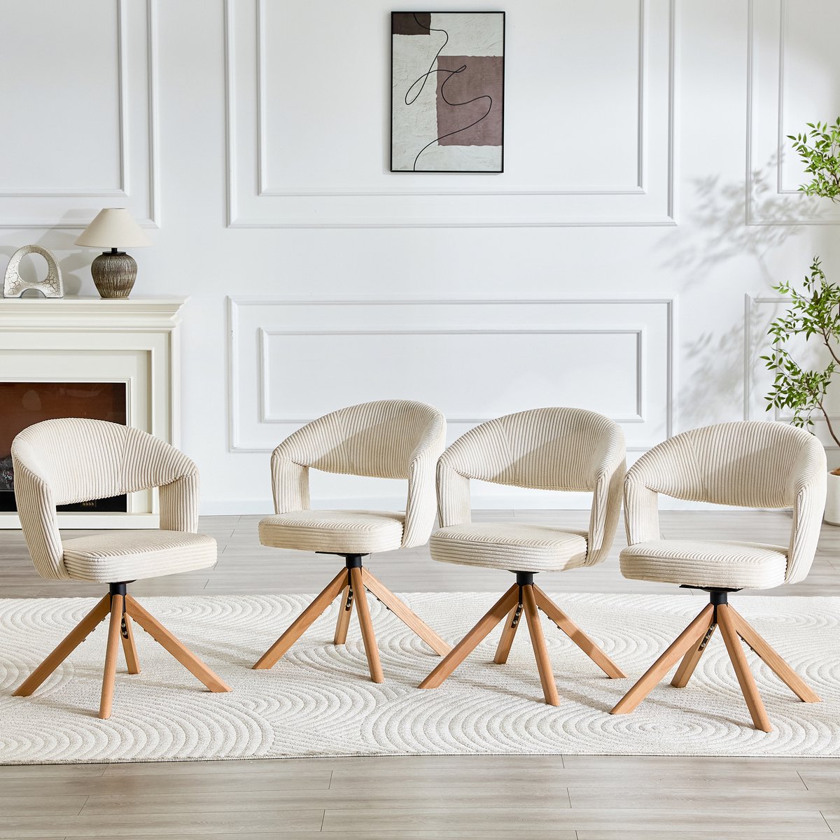 STILVORA Eetkamerstoel Set Van 2 - 360 Graden Draaibaar - Voor Eetkamer En Woonkamer - Cord Met Houten Poten - Crèmewit Crèmewit, Houtkleur