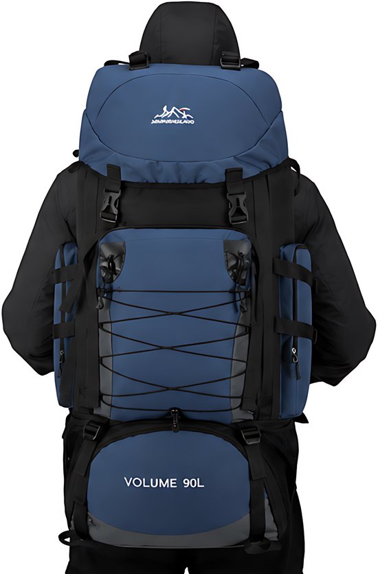 Rug gezien van blauwe en zwarte 90L trekkingrugzak gedragen door een model.