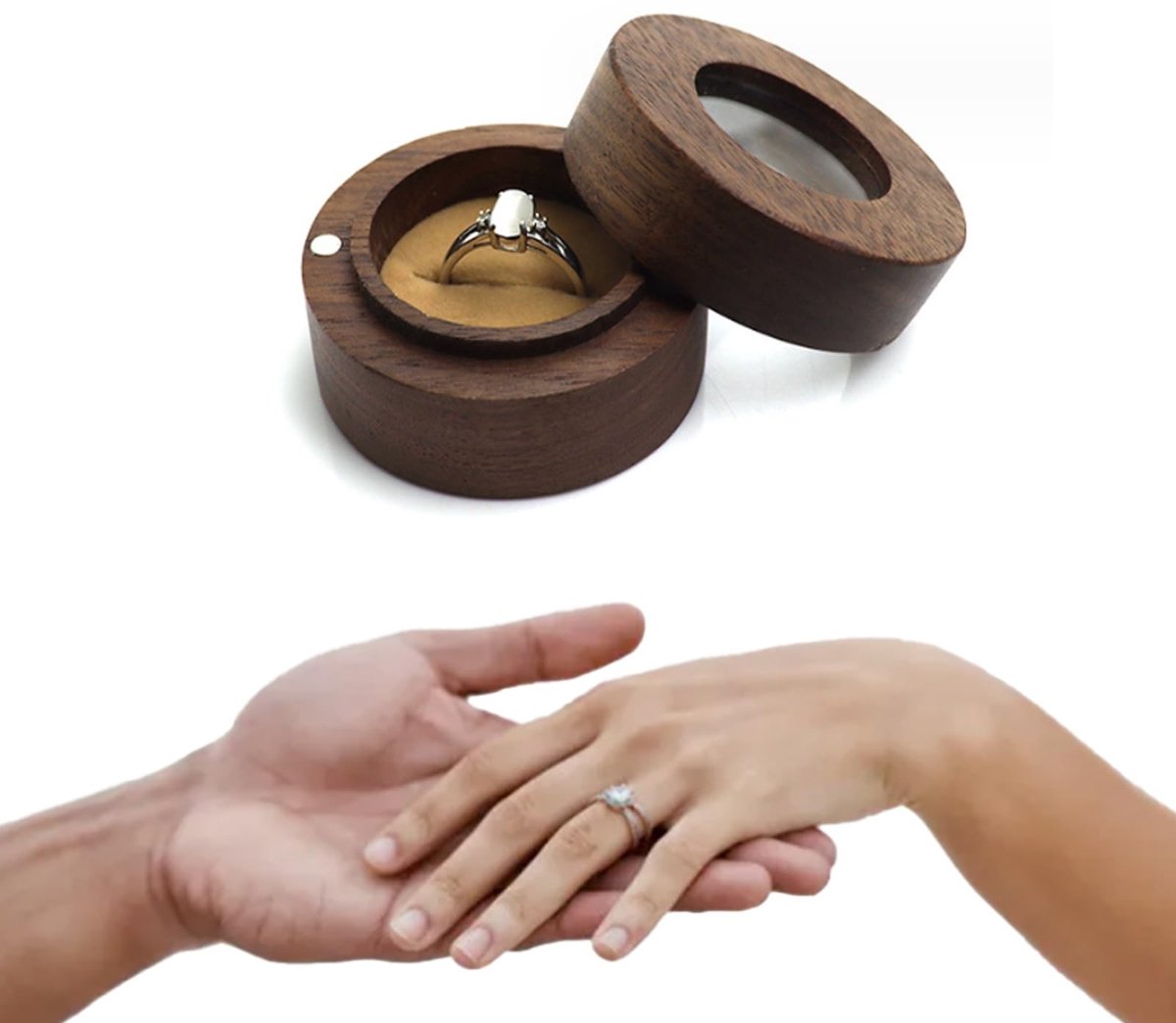 Dailygoods- Ringenbox Hout - Ringdoosje Bruiloft - Ringdoosje Aanzoek - Ringdoosje Huwelijk - Zwarte Ringdoos - 5x5 cm met Velvet Voering