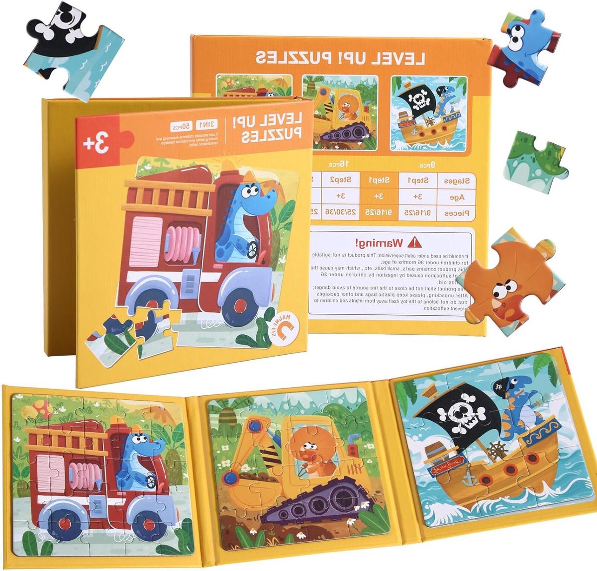 Magnetische Puzzels - Educatief Speelgoed - Reis Activiteit - 3 Thema Puzzels - 9 tot 25 Stukjes - Geel