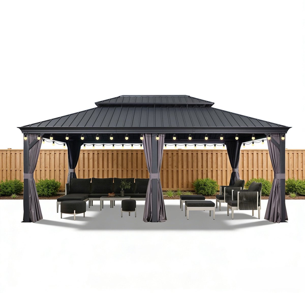 PURPLE LEAF Hardtop Aluminium Tuinpaviljoen – Dubbel dak – Hoogwaardige Gordijnen – Wind- en weerbestendig – Luxueus Grijs – Met Sfeerverlichting