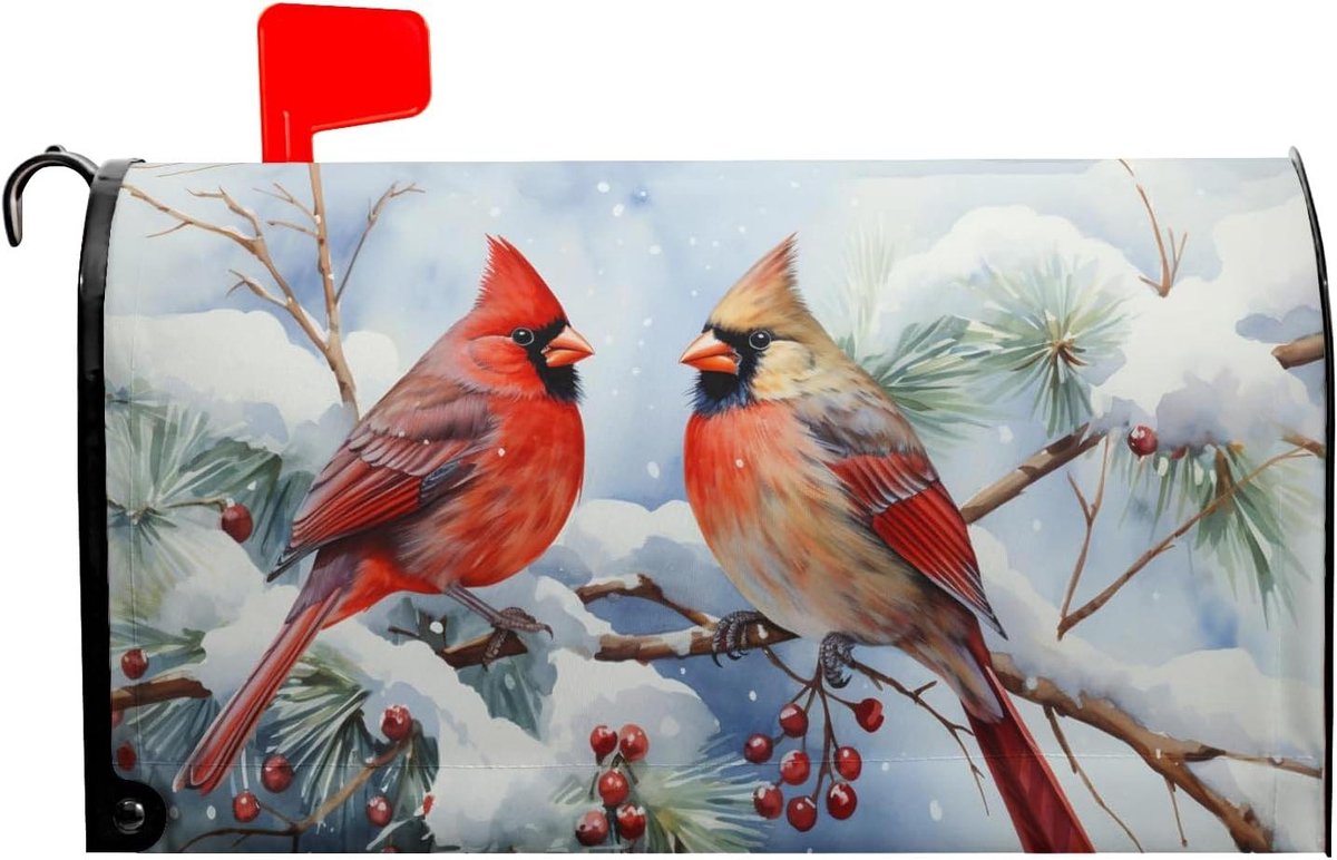 Brievenbus Cover - Brievenbusdecoratie - Winterse Decoratie - Magnetische Bevestiging - 25.5" X 21" - Rood Vogel