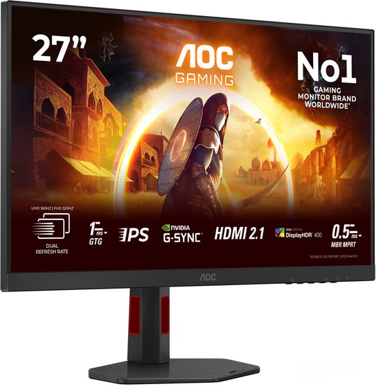 AOC 27-inch gaming monitor, zwart met rode accenten op de standaard. HDR400, 1ms GTG, 160Hz/320Hz, IPS, G-Sync, HDMI 2.1.
