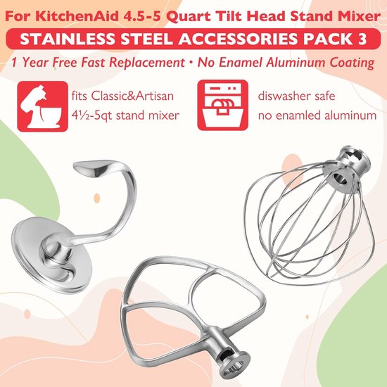 Mixer Accessoires Set - Keukenmachine Onderdelen - Bakken en Mixen - Roestvrij Staal - 4.5-5 Liter - Zilverkleurig van Merkloos — afbeelding 4