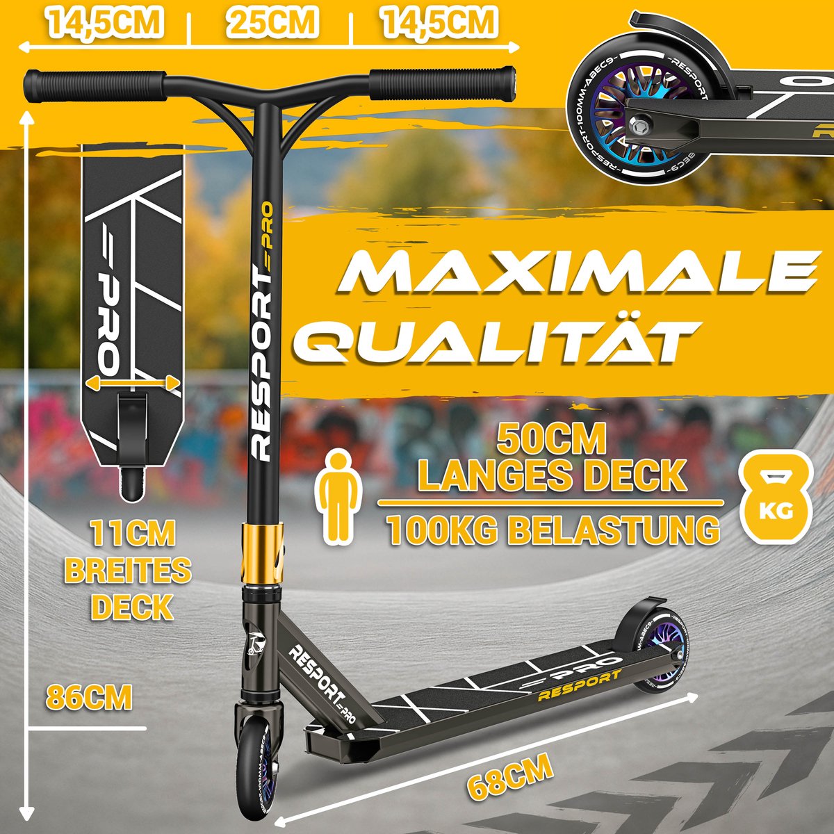 RE:SPORT Revo Pro Stuntstep, voor kinderen en volwassenen, met standaard, professionele stuntstep 110 mm, PU-wielen en Y-bar, ABEC 9 kogellagers, zwart/goud