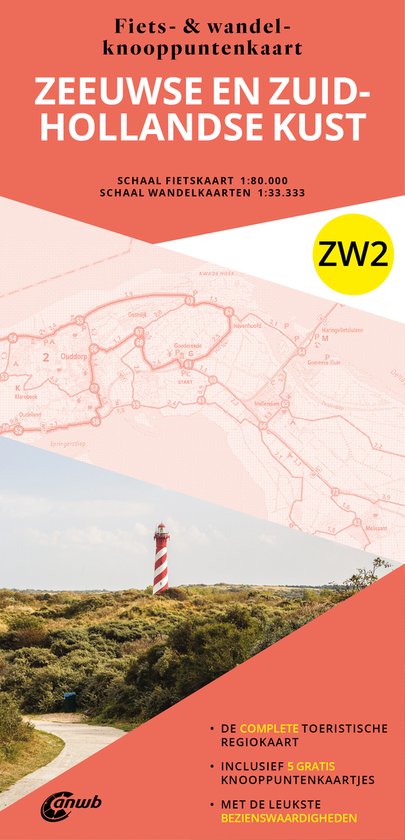 Fiets- en wandelknooppuntenkaart ZW2: Zeeuwse en Zuid-Hollandse kust. Schaalkaart 1:80.000. Met vuurtoren en duinlandschap.