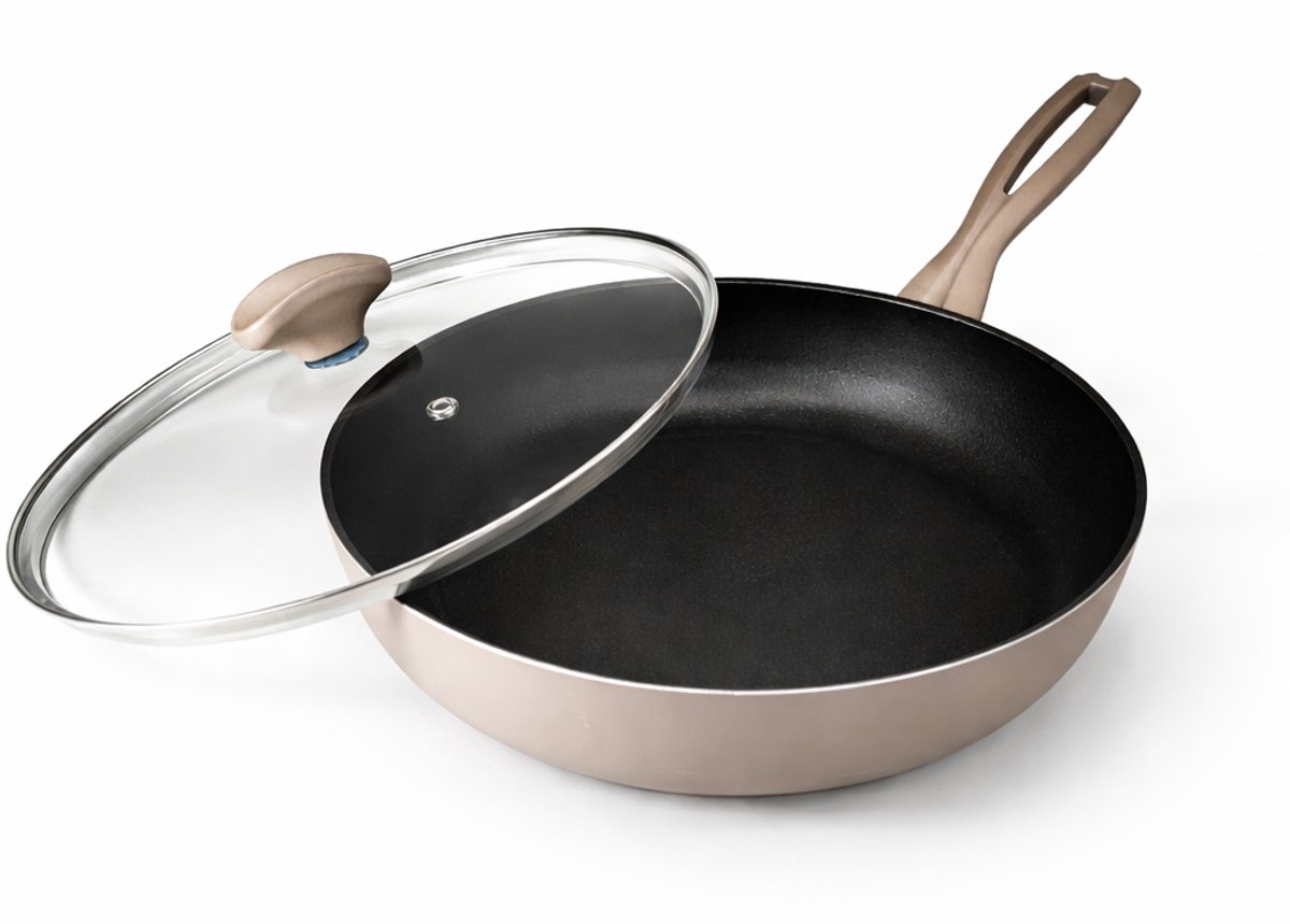 Relance Alvea – Hapjespan 28 cm – Met glasdeksel - PFAS-vrij – Keramische antiaanbaklaag – Inductie – Gerecycled aluminium – Met spatelhouder in de greep