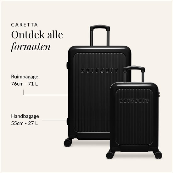 Twee zwarte SUITSUIT koffers, handbagage (55L) en ruimbagage (71L), met verticale ribbels.