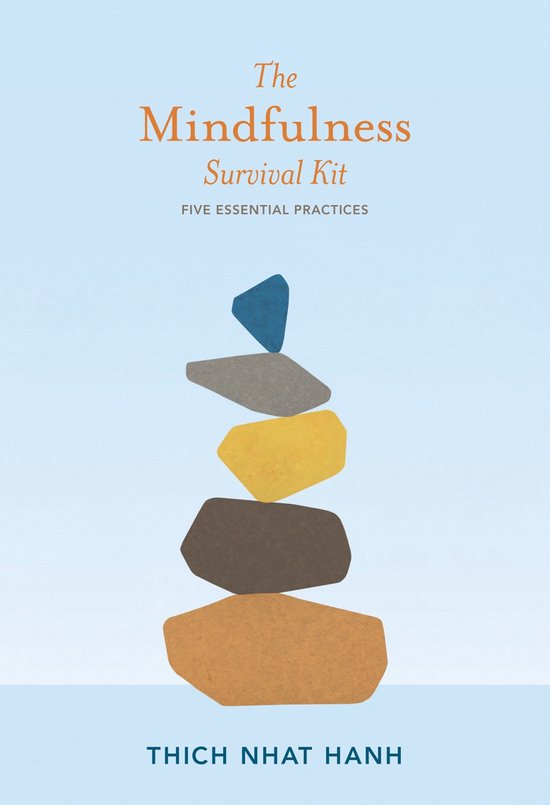 Het boek 'The Mindfulness Survival Kit' met op de voorkant een gestapelde steenfiguur in aardetinten, geplaatst op een lichtblauwe achtergrond.
