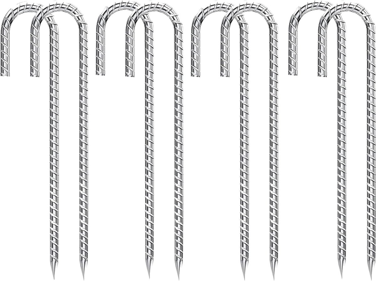 Pack of 8 Galvanized Ground Anchors - Pegs - J-shaped Ground Poles - Steel Tent Nails - Garden Clamps for Plants and Camping - 30 cm