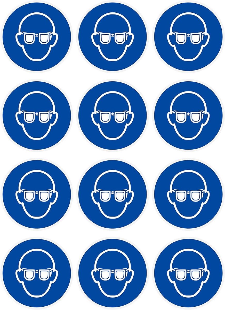 Veiligheidsstickers Oogbescherming - Waarschuwingsstickers Gebod - Risico's Voorkomen - UV-opdruk ISO 7010 - 12 stuks Ø5 cm - Blauw