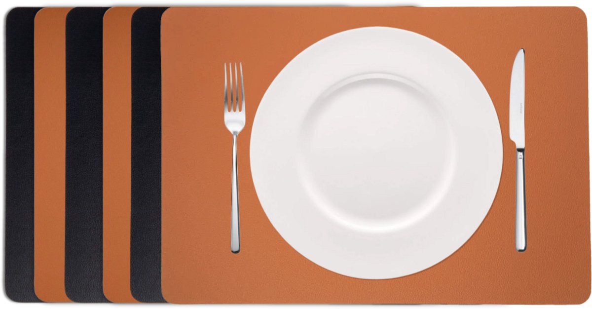 Cookinglife Placemats - Set van 6 - Rechthoekig - Dubbelzijdig - Vegan Lederlook Onderleggers - Zwart/Cognac - 46 x 33 cm
