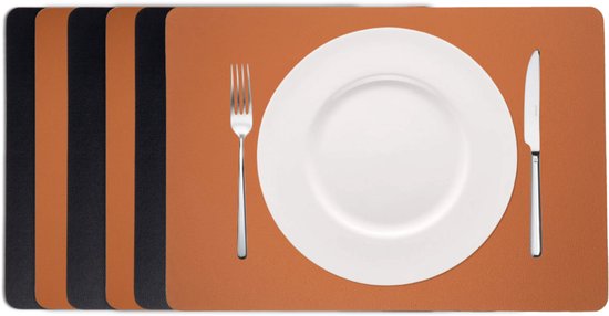 Cookinglife Placemats - Set van 6 - Rechthoekig - Dubbelzijdig - Vegan Lederlook Onderleggers - Zwart/Cognac - 46 x 33 cm