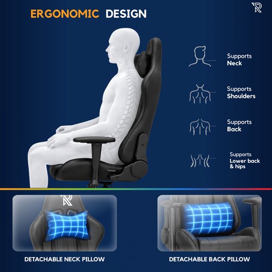 Ranqer Felix – Chaise gaming avec dossier et accoudoirs réglables – Siège gamer Noir