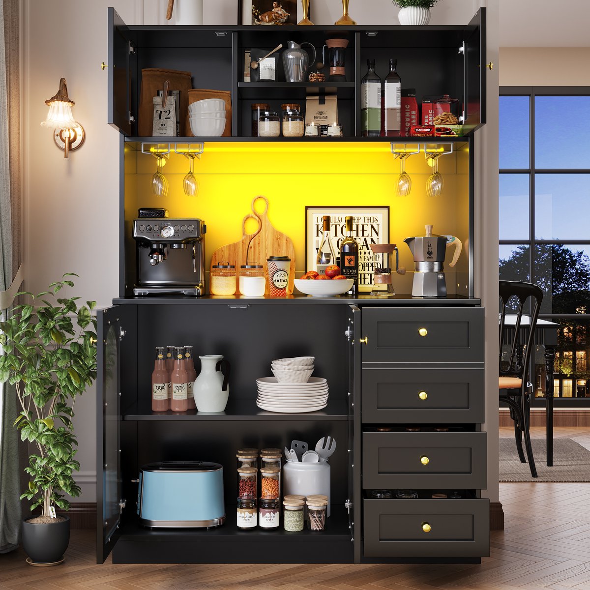 MIVRAY Buffetkast - Ledverlichting En Geribbeld Glas - Veel Opbergruimte Voor Keuken En Woonkamer - MDF - Zwart