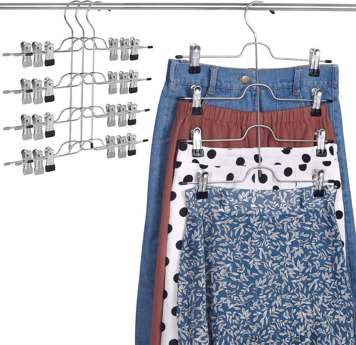 Rok Hangers - Broekhangers Clips - Kast Ruimte Besparen - Verstelbare Clips - 4 Tier - Chroom