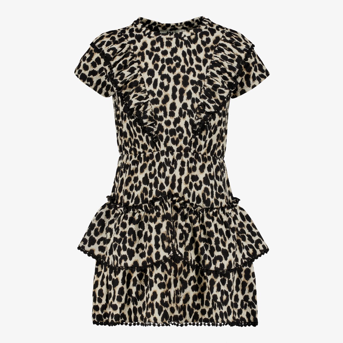 MyWay meisjes jurk met ruches en panterprint - Zwart - Maat 146/152