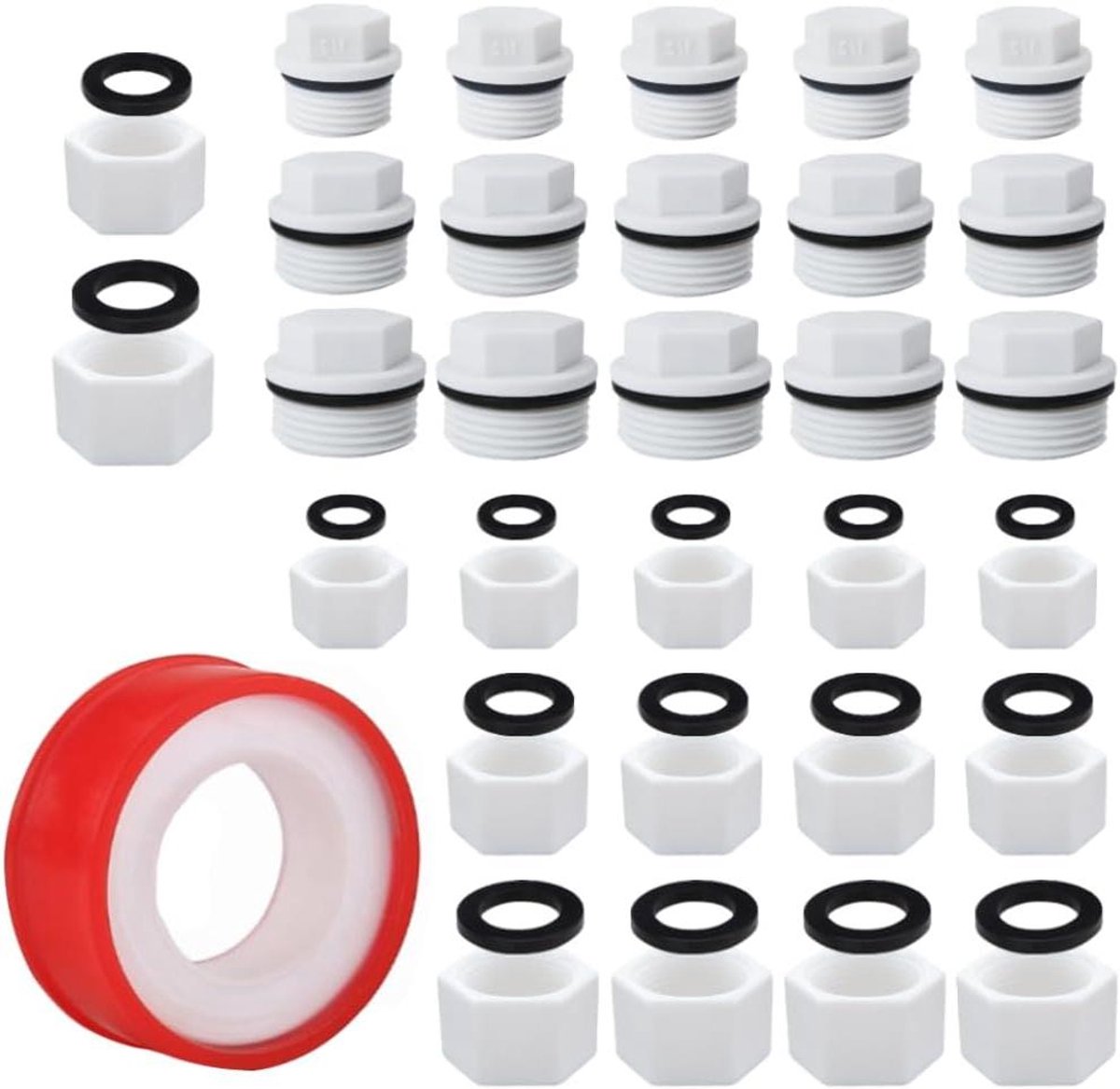 Sanitair Stopcontact Set - Sluitring Stop - Waterleiding Afsluiten - Corrosiebestendig PP-kunststof - 3 Maten 30 Stuks - Wit