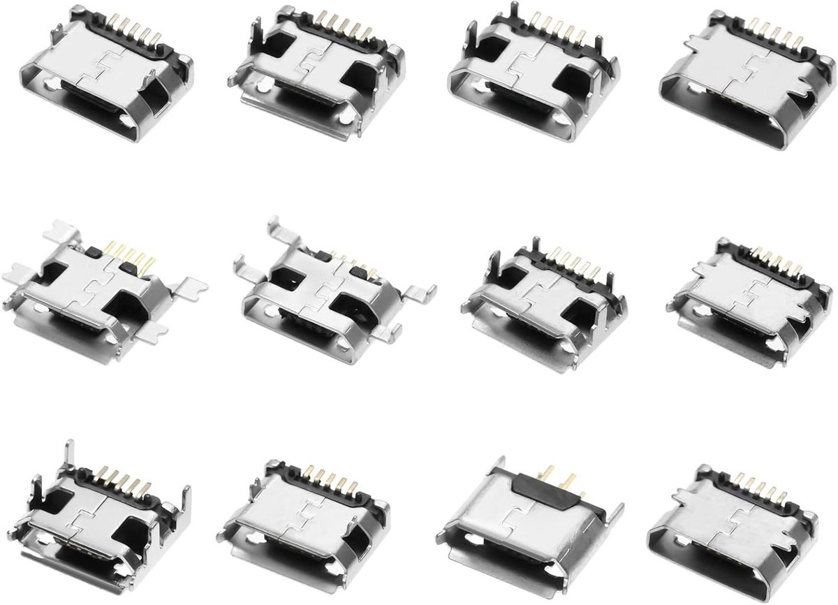 Micro USB Poorten - Type B Jacks - Apparaten Repareren - 5 Pins 180 Graden - 60 Stuks - Zilver