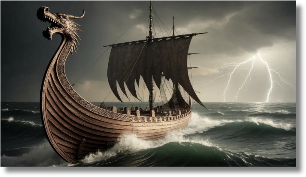 Yourwallarts.com - Wandpaneel - Canvas - Viking Schip Stormachtige Zee Schilderij