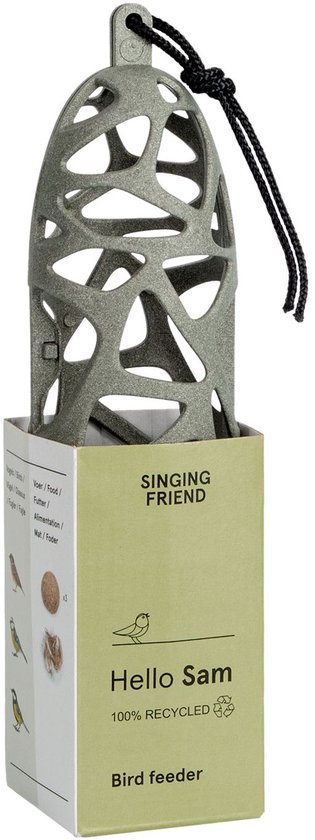 Grijze vogelvoerder 'Hello Sam' van Singing Friend, gemaakt van 100% gerecycled materiaal, met een open, decoratief rasterontwerp.