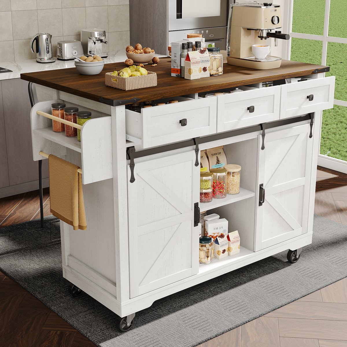 MIVRAY Keukeneiland - Uitschuifbaar Werkblad En Schuifdeuren - Met Laden En Wielen Voor Keuken - MDF Beige - 140x45x94 cm