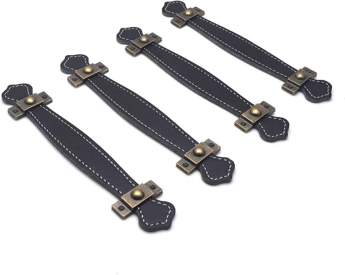 Retro Leren Meubelhendels - 4 Stuks - 5 Inch Deurtrekhendel voor Kasten en Luggage (Zwart)