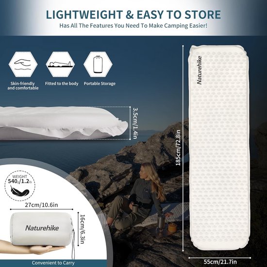 Luchtmatras - Slaapmat Isomat - Kamperen Trekking - Ergonomisch 3.5cm Dik - 185x55 cm - Grijs van Merkloos — afbeelding 2