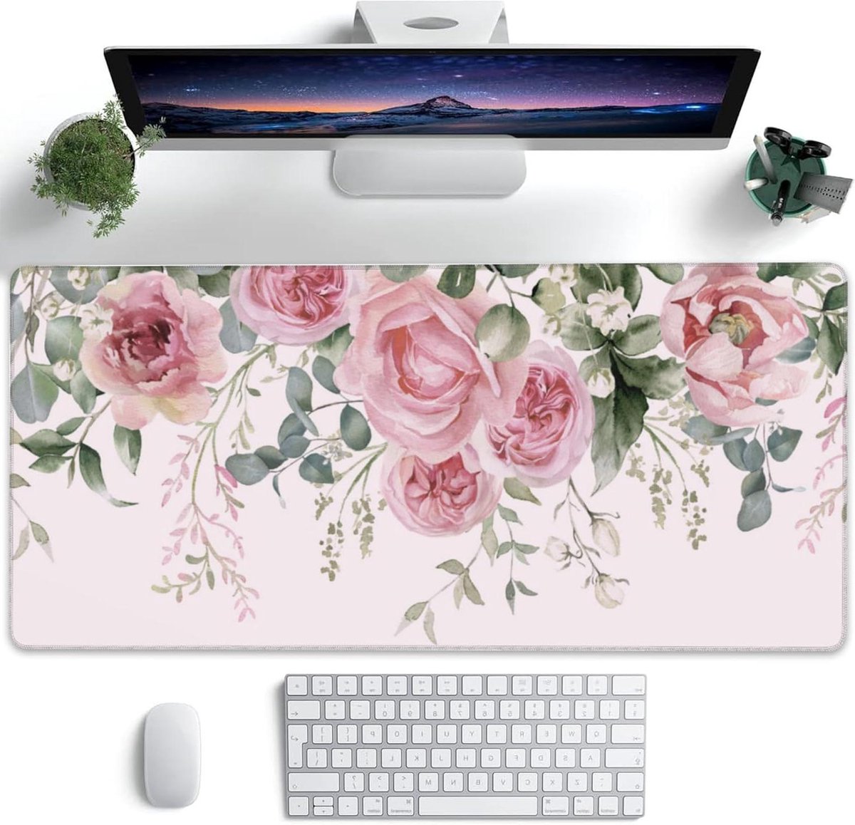 XXL Muismat - Grote Bureaumat - Desktop Gebruik - Antislip Rubberen Basis - 90x40 cm - Roze Bloemen