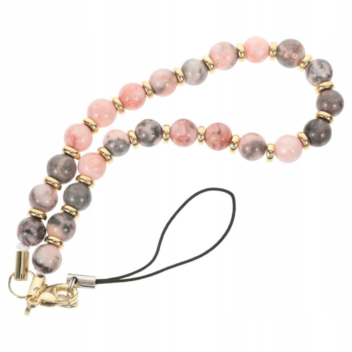 Roze telefoonhanger, ingelegd met natuurlijke edelstenen en metaal.