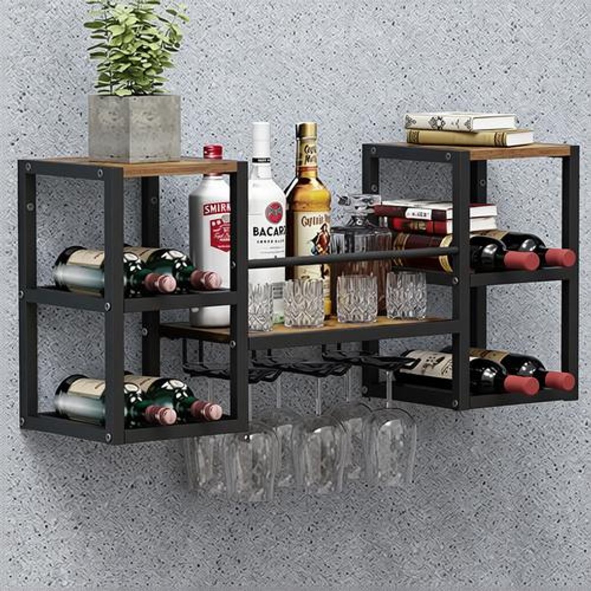 Wijnrek voor aan de muur met stoomglazenhouders, zwart metaal en hout, voor 16 flessen