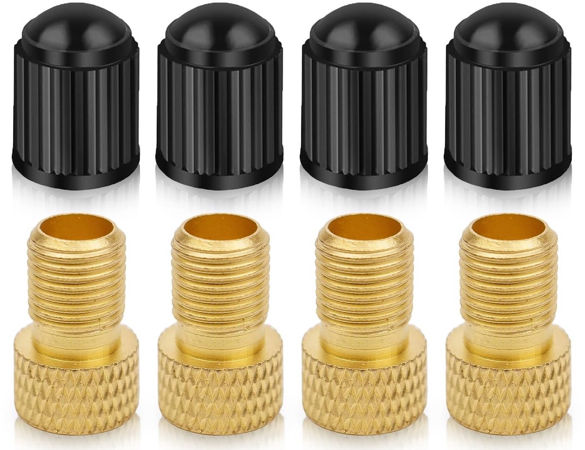 Allecto - Fietsklep - Universeel - 4 Brass Valve Adapters - Zwart - Geschikt voor E-bikes en Scooters - Inclusief Ventieldoppen - 8 Stuks