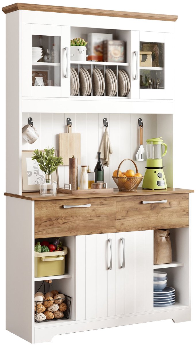 Merax Keukenkast met Opbergruimte en Glazen Vakken 176,5 cm - Opbergkast met Lades en Deuren - Kast voor Keuken Eetkamer en Hal Wit Houtkleur
