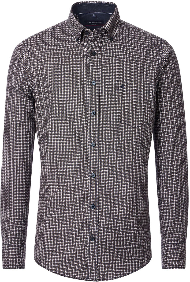 CASA MODA Sport casual fit overhemd - twill - wit met blauw - bruin en beige dessin - Strijkvriendelijk - Boordmaat: 45 - 46