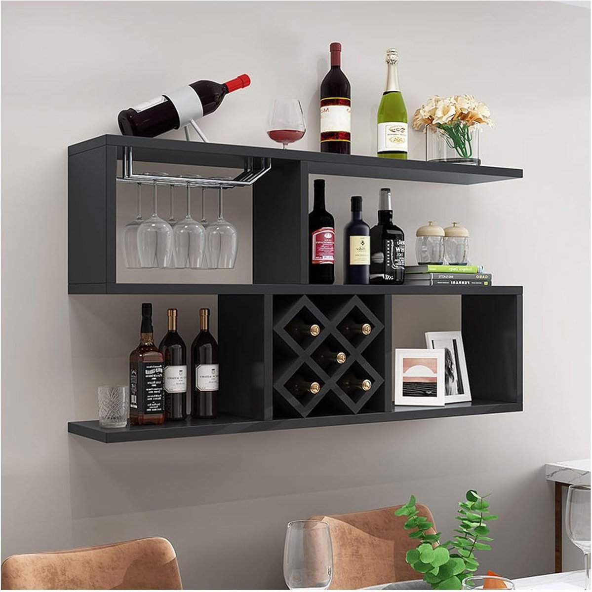 Wandgemonteerde Bar Unit 120 cm – Zwevend Wijnrek & Wijnglashouder van Metaal met Flessenhouder en Open Planken – Industrieel Wandrek voor Wijnflessen & Glazen – HomebyNicole