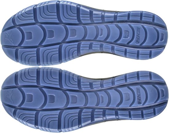 Twee blauwe loopzolen van werkschoenen met profiel.