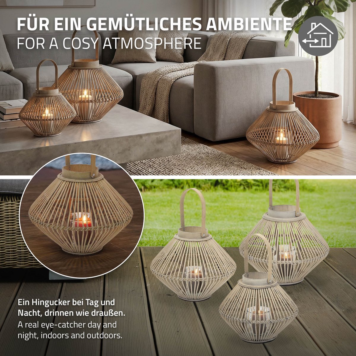 ECD Germany Bamboe lantaarn, decoratieve houten windlicht serie, grote kaarsenhouder van 44 cm hoog, luxe houtlook met glas en handvat, sfeervolle boho tuinlantaarn gevlochten stijl, moderne decoratie voor binnen buiten balkon terras en woonkamer — cadeau in Wonen & Interieur - foto 6