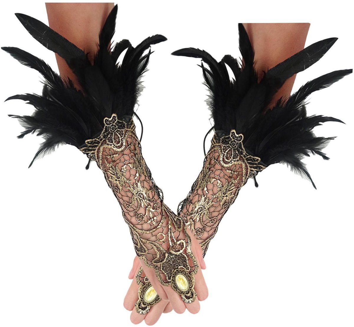 Allecto - Vingerloze Lange Handschoenen - Feathers - Perfect voor Halloween of Bruiloft - Zwart - Lace - Elegant en Chic - Geschikt voor Volwassene...