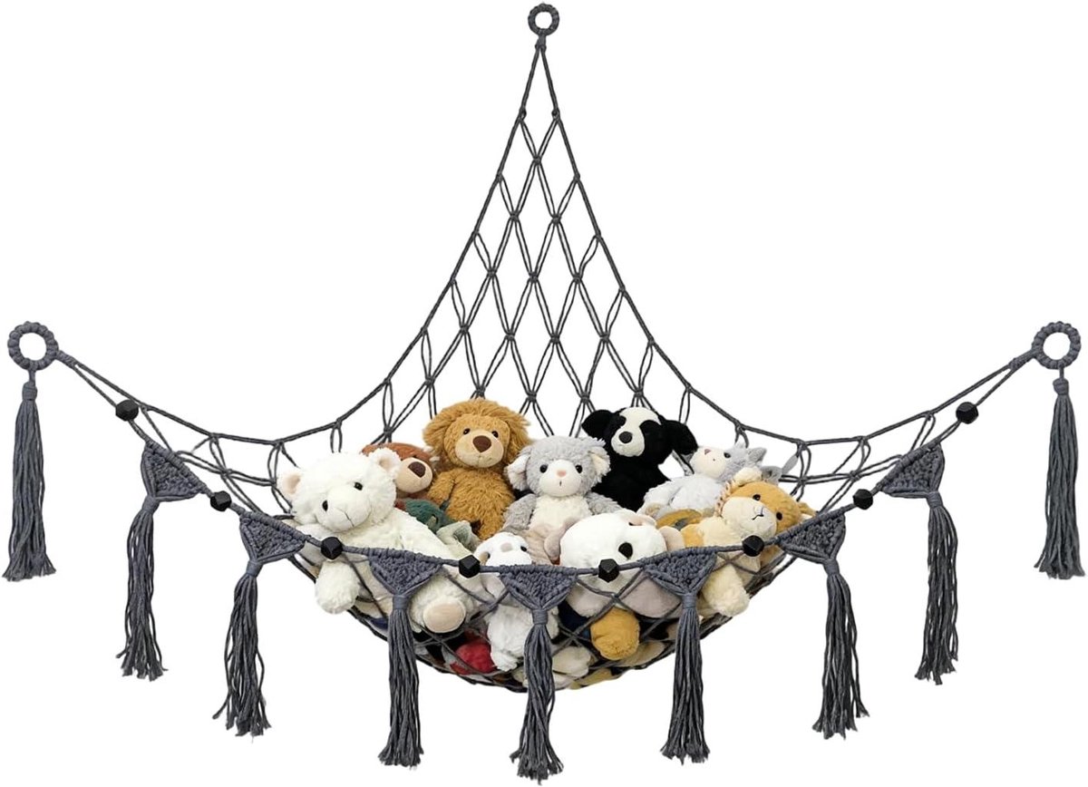 Knuffeldier Opbergnet - Speelgoednet Macramé - Speelgoed Opbergen - Handgemaakt Boho Stijl - 20 x 13 x 3 cm - Grijs