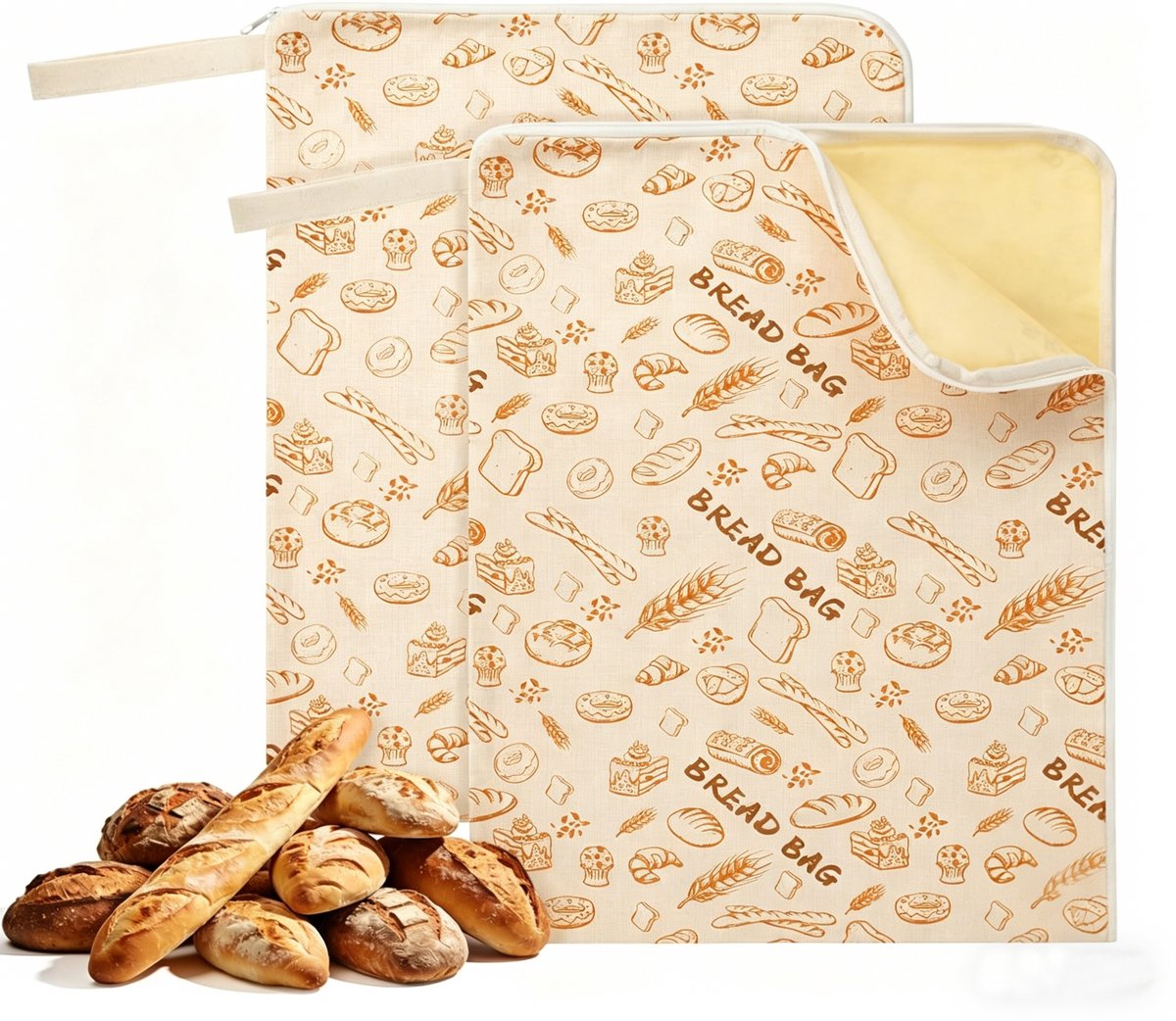 Broodzak bijenwas-2-delige set bijenwas broodzakken - broodzakken voor zelfgebakken brood-Herbruikbare zuurdesemzakken - Extra grote bijenwaszakken met brede ritssluiting - Handig voor thuisbakken om brood vers te houden - 33 x 43 cm