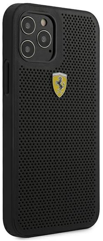Zwart Ferrari telefoonhoesje met geperforeerd patroon en geel-zwart Ferrari logo.