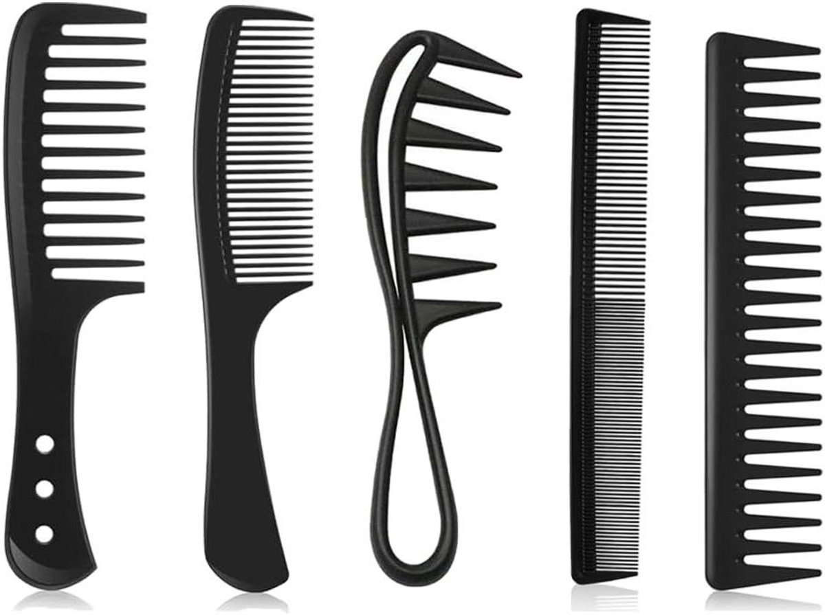 Brede Tandenkam Set - Haarkammen Krulkam - Haar Stylen - Antistatisch Ontwerp - 5 Stuks - Zwart