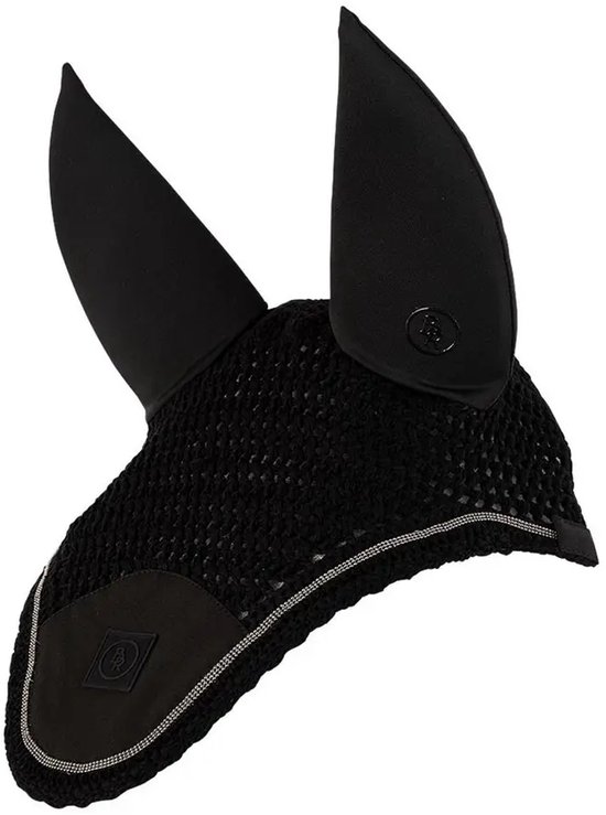 Zwart oornetje met geborduurde oren en zilverkleurige bies.