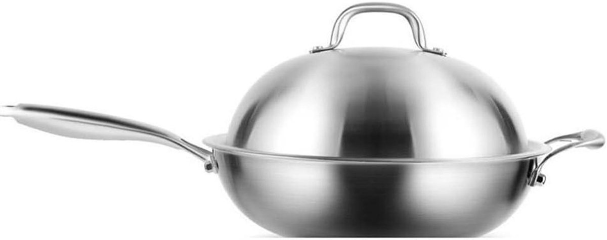 Wok Pan - Koekenpan Ronde Bodem - Koken en Bakken - Fysiek Antiaanbaklaag - 3000 Grams - Zilver