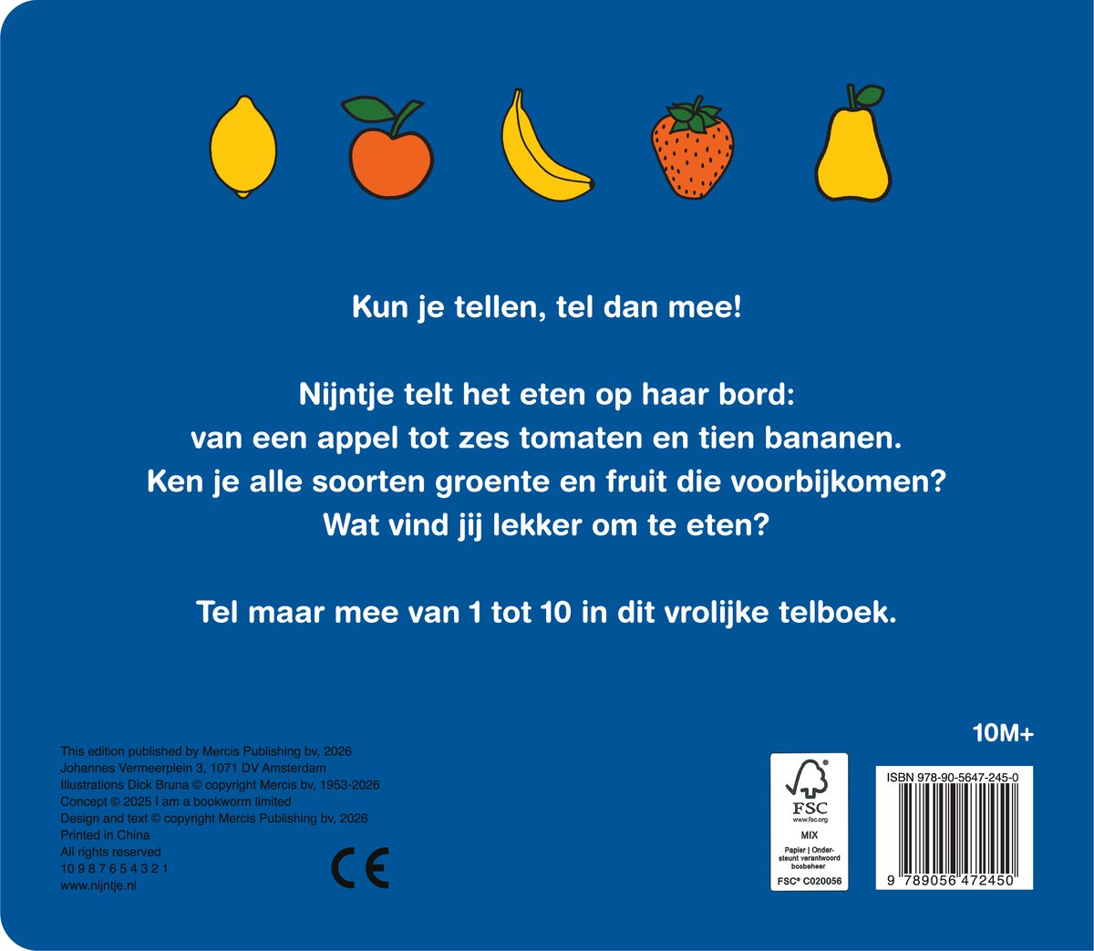 De achterkant van 'Nijntje telt het eten op haar bord': een geel, een oranje, een gele banaan, een rode aardbei en een gele peer.