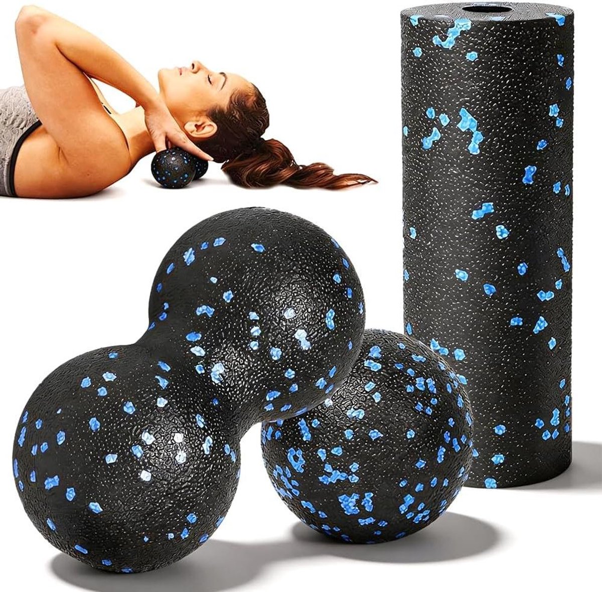 Massagebal Set - Triggerpoint Bal Schuimroller - Spierontspanning - Driedelige Set - 8 cm - Zwart Blauw