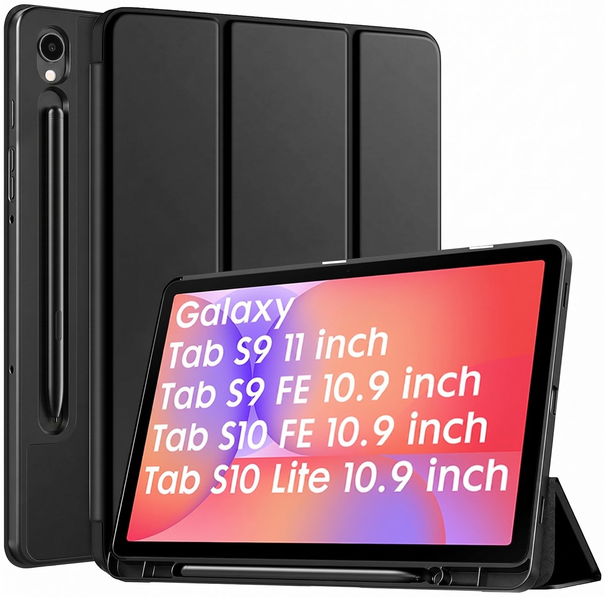 Casemania Hoes Geschikt voor Samsung Galaxy Tab S10 Lite (10.9") / Tab S10 FE (11") / Tab S9 (11") / Tab S9 FE (11") - Zwart - Tri-Fold Case met S-Pen Houder - Smart Cover - Auto-Wake/Sleep