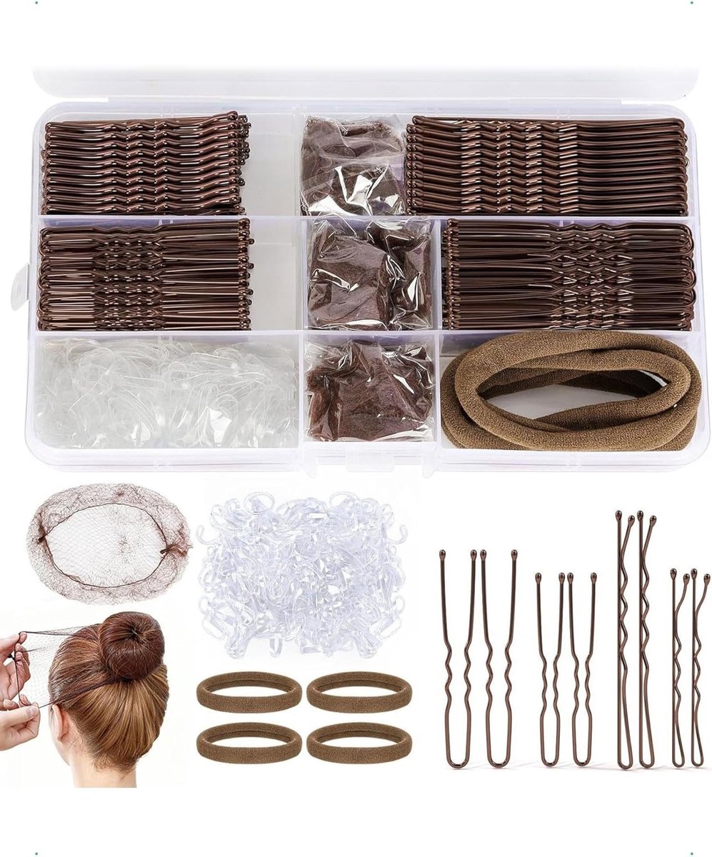 Haaraccessoires set met 385 stuks, U-vormige haarpinnen, chignonklemmen, scrunchies en opbergdoos voor dames